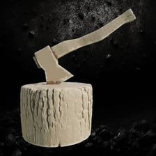 An axe positioned on a wooden chopping block.