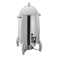 A large stainless-steel urn used to hold and dispense coffee.