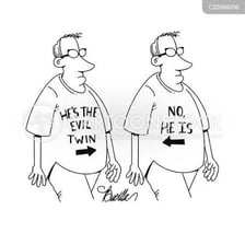 A playful illustration of an identical-looking villainous twin.