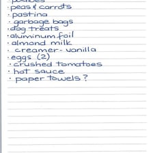 A handwritten list of grocery items