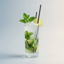 A mojito cocktail garnished with mint and lime.