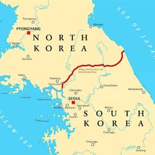 A map showing North Korea and South Korea with Pyongyang and Seoul marked.