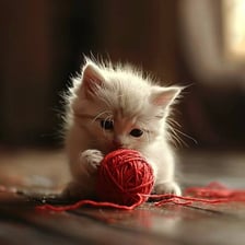 A ball of knitting yarn beside a kitten playing with yarn.