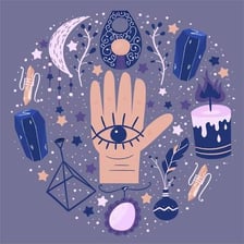 A psychic using a crystal ball in a stylized illustration