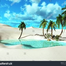 A palm-lined oasis with water surrounded by desert