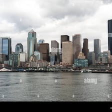 A gray overcast sky above the Seattle skyline
