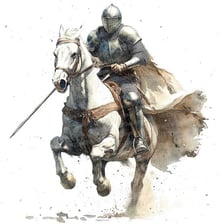 A medieval knight mounted on a horse.