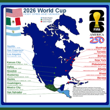 Map showing the United States, Canada, and Mexico as 2026 World Cup host countries