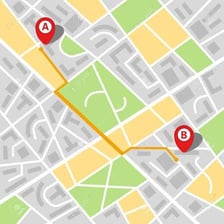 A simple map showing a route connecting points A and B.