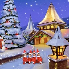 Elves working in a festive North Pole workshop