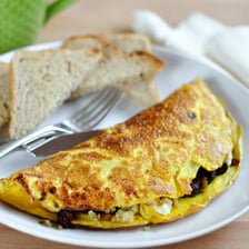 A cooked omelet served as a breakfast dish.