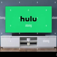 The Hulu logo displayed on a television screen.
