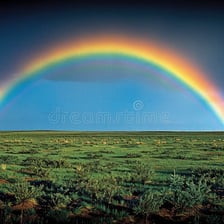 A rainbow forming a curved arc across the sky.