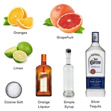 A bottle of triple sec beside a margarita.