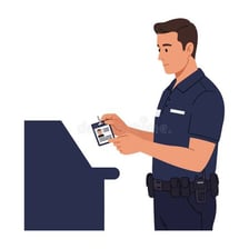 A security worker examining a person's identification card