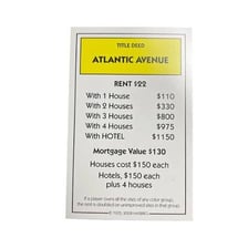 A Monopoly game board showing the Free Parking and Atlantic Avenue spaces.