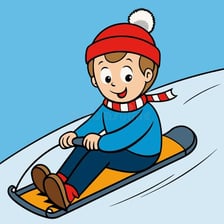 A child riding a sled down a snow-covered hill.