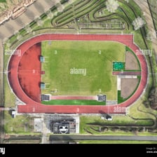 An oval-shaped running track viewed from above