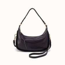 A soft crescent-shaped hobo bag with a shoulder strap
