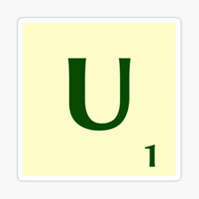 An English Scrabble U tile marked with a value of one point.