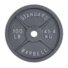 A loaded barbell with weight plates in a gym
