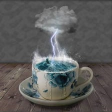 A teapot and teacup shown in a whimsical storm scene