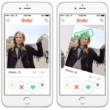 A hand swiping a dating-app profile to the right on a smartphone
