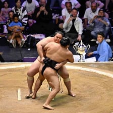 Sumo wrestlers, or rikishi, competing in a Japanese tournament