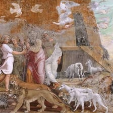 An artistic depiction of Noah's Ark near Mount Ararat.
