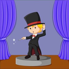 A magician revealing a trick with a celebratory gesture