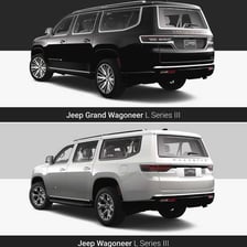 A Jeep Wrangler pictured alongside a Jeep Grand Wagoneer.