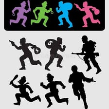 A silhouetted person running away from pursuing police.