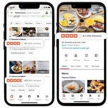 A smartphone displaying a restaurant listing in the Yelp app