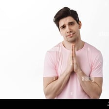 A person making a polite, pleading request with clasped hands