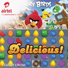 Mobile game imagery associated with Angry Birds and Candy Crush