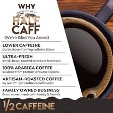 A cup of half-caf coffee beside a coffee menu.