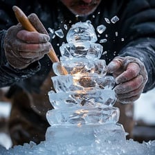An ice sculptor using a chisel to carve a block of ice.