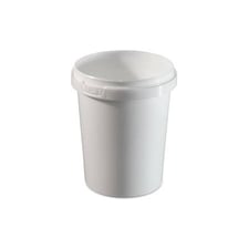 A plastic tub of yogurt with its lid beside it