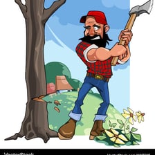 A lumberjack using an axe to chop a log