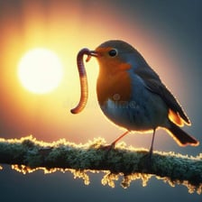 A small bird holding a worm in its beak in early morning light