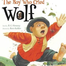An illustration of a shepherd boy calling out while wolves approach