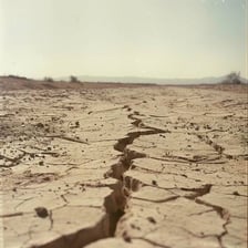 A dry desert landscape with sparse vegetation and parched ground.