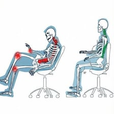 An illustration contrasting slouched and upright sitting positions.