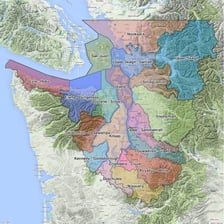 A map showing Puget Sound beside Seattle in Washington State.