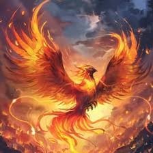 A mythical phoenix emerging from a pile of ashes.