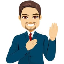 A person making a solemn promise with a raised hand