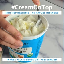 A close-up of non-homogenized milk with visible cream lumps