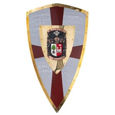 A heraldic crest positioned above a coat of arms shield