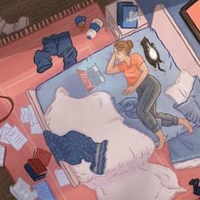 An overwhelmed person standing in a visibly disorganized room.