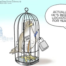 An editorial-style depiction of a political figure advocating military action.